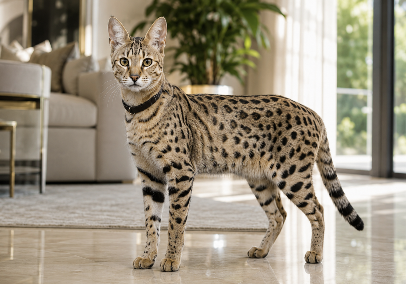 Savannah Cat standing inside a bright luxury home